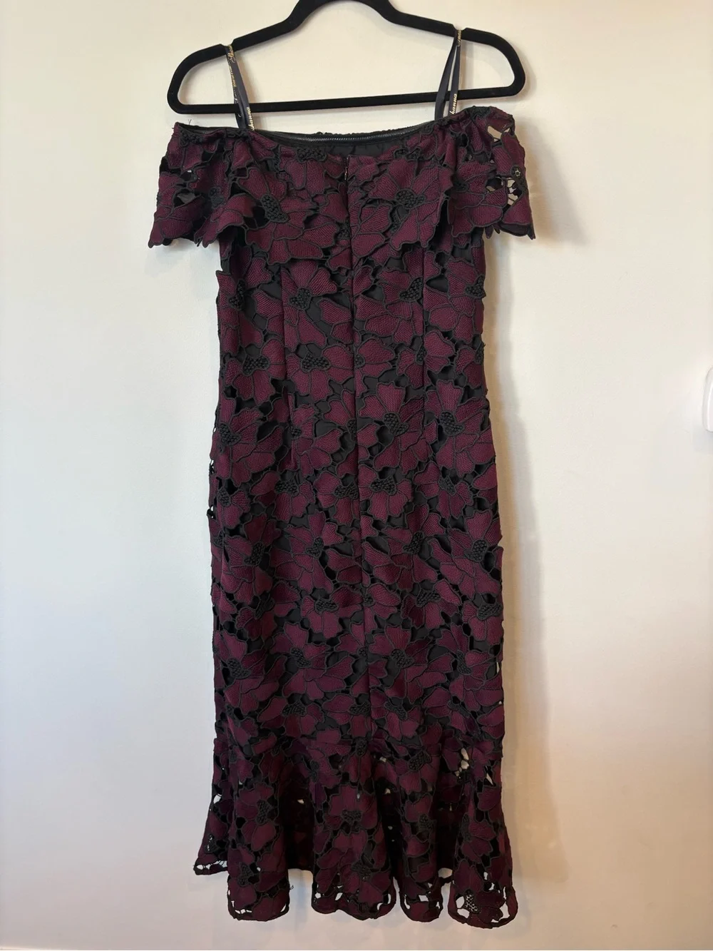 SHOSHANA midnight Off-Shoulder Burgundy Lace Midi Dress